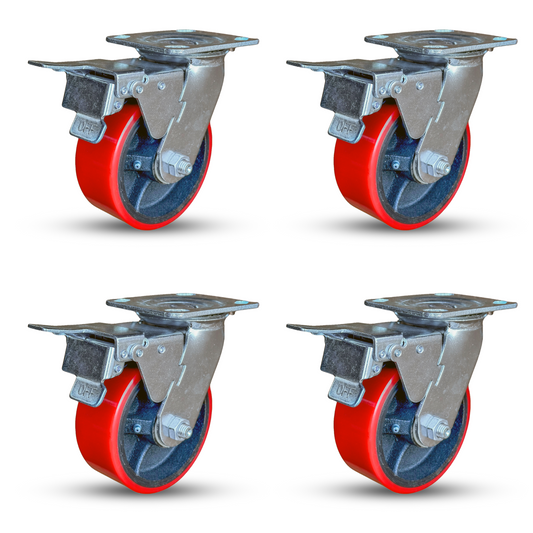 5" x 2" Casters Set of 4 | 4 Total Locking Casters with Polyurethane on Iron Wheel | 4400 lbs Capacity | 4" x 4-1/2" Mounting Plate