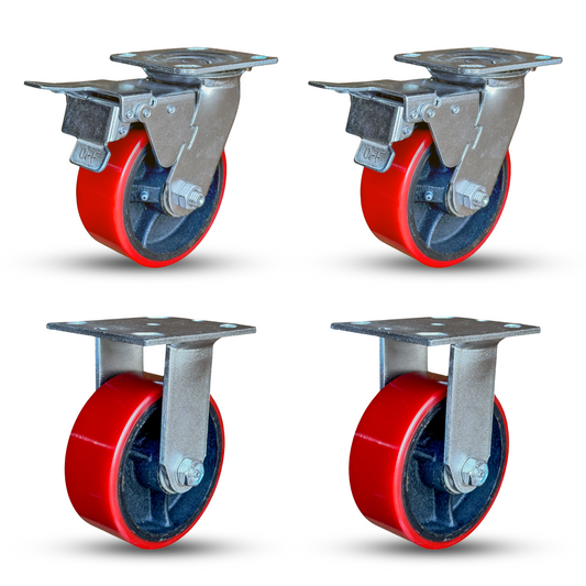 5" x 2" Casters Set of 4 | 2 Total Locking Casters and 2 Rigid Casters with Polyurethane on Iron Wheel | 4400 lbs Capacity | 4" x 4-1/2" Mounting Plate