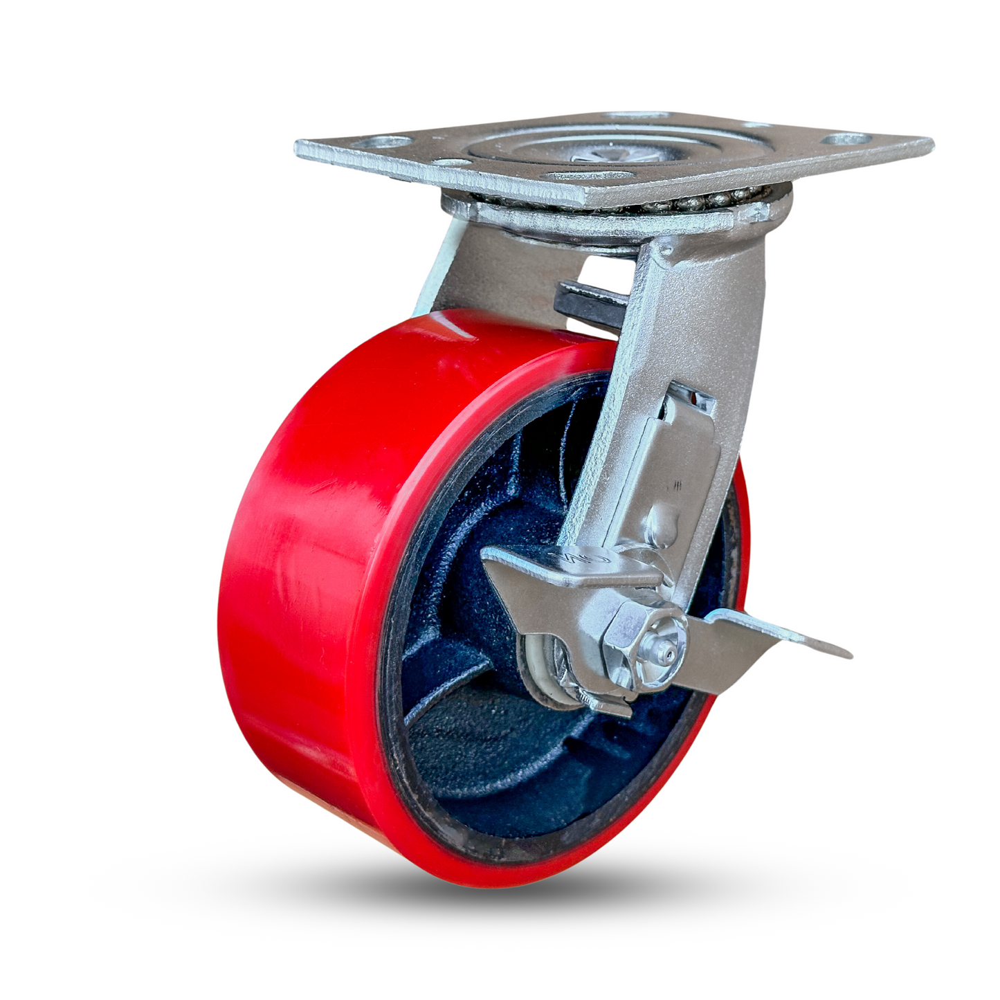 5" x 2" Swivel Caster with Brake | Polyurethane on Iron Wheel | 1100 lbs Capacity | 4" x 4-1/2" Mounting Plate