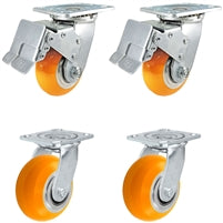 4" x 2" Total Lock Caster Set of 4 | 2 Total Locking & 2 Swivel Casters | Orange Polyurethane on Aluminum Wheel - 4,000 lbs Capacity Per Set of 4