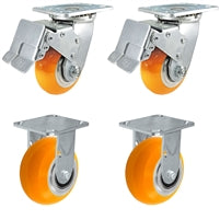 4" x 2" Total Lock Caster Set of 4 | 2 Total Locking & 2 Fixed Casters | Orange Polyurethane on Aluminum Wheel - 4,000 lbs Capacity Per Set of 4