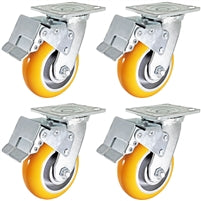 5" x 2" Total Lock Caster Set of 4 with Orange Polyurethane on Aluminum Wheel - 5,000 lbs Capacity Per Set of 4