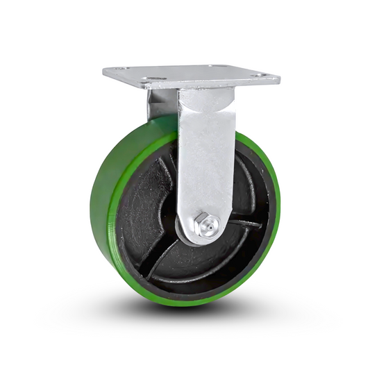 5" x 2" Kingpinless Rigid Plate Caster - Green Polyurethane on Steel Wheel - 1,000 lbs Capacity Per Caster - 4" x 4-1/2" Top Plate