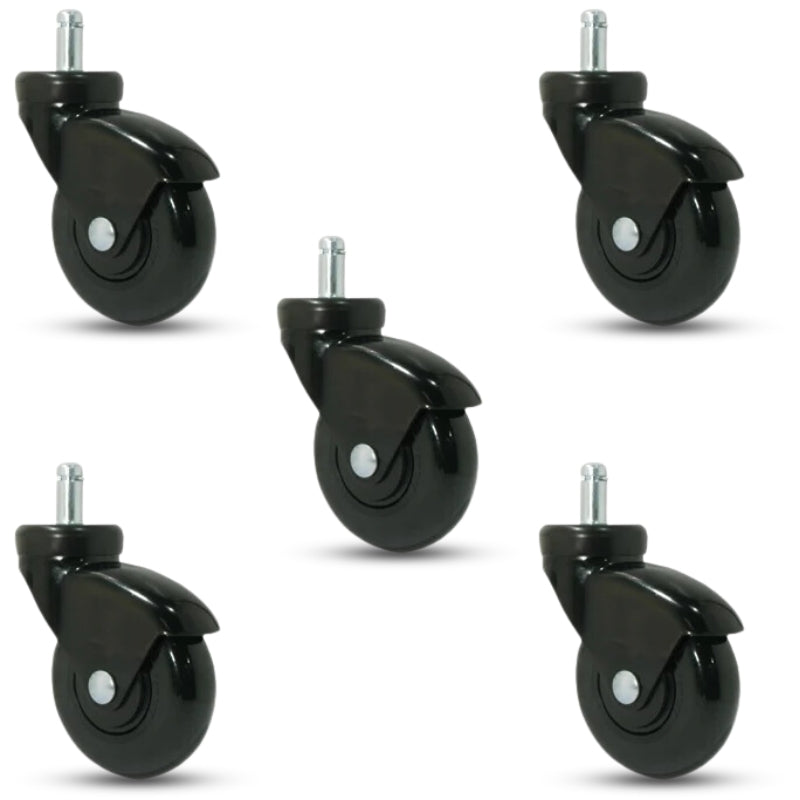 5-Pack 3" Black on Black LUX Swivel Chair Casters - Black Gloss Finish, Polyurethane, Grip Ring Stem