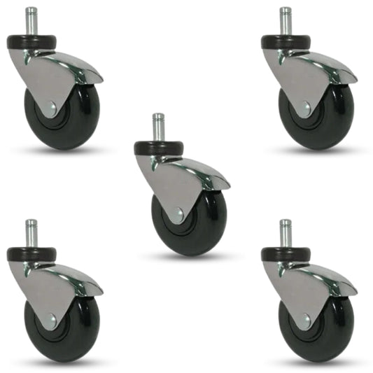 5-Pack 3" Chrome on Black LUX Swivel Chair Casters - Chrome Finish, Black Polyurethane Wheel, Grip Ring Stem