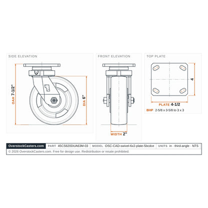 OSC CAD drawing: Heavy Duty Kingpinless Donut Polyurethane on Aluminum Plate Caster 45CS620DUA63M-03 reference drawing, side, front and top plate views with overall height, wheel diameter and tread width (OverstockCasters.com)
