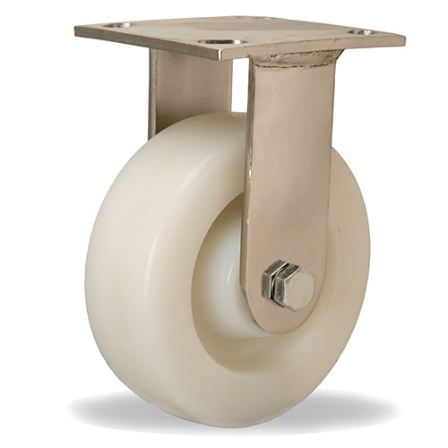 Hamilton 500 lbs Load Capacity Stainless Steel Rigid Caster - 6" x 2" White Nylon Wheel with 3/4" Delrin Bearing