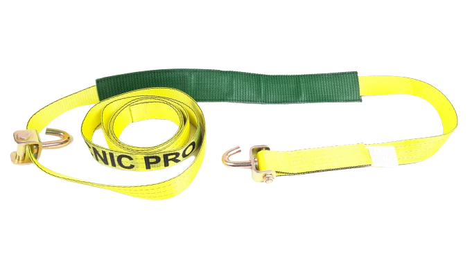 2" x 14' Yellow TECNIC Webbing Strap with Swivel J-Hooks, Low Profile Sleeve, 3,333 lbs WLL, Part S-2X14SJLPS-YLTEC