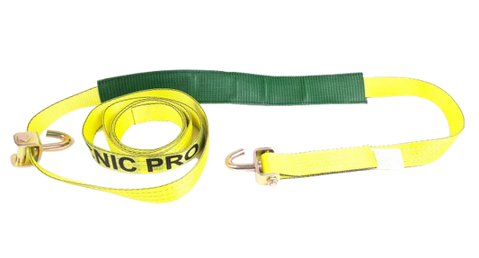 2" x 14' Yellow TECNIC Webbing Strap with Swivel J-Hooks, Low Profile Sleeve, 3,333 lbs WLL, Part S-2X14SJLPS-YLTEC