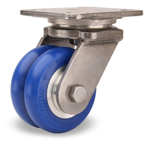 Hamilton Workhorse Swivel Caster - 4"x2" UltraGlide Twin Wheel, 720 lbs Load Capacity, Stainless Steel with Blue Tread & Aluminum Core, 3/4" Precision Bearings