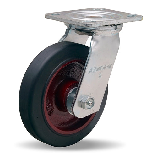 Hamilton Whirlaway 6-Inch Swivel Caster - 280 lbs Load Capacity, 1.5" Mold-On Rubber Wheel, 70A, on Cast Iron with 3/4" Straight Roller Bearing