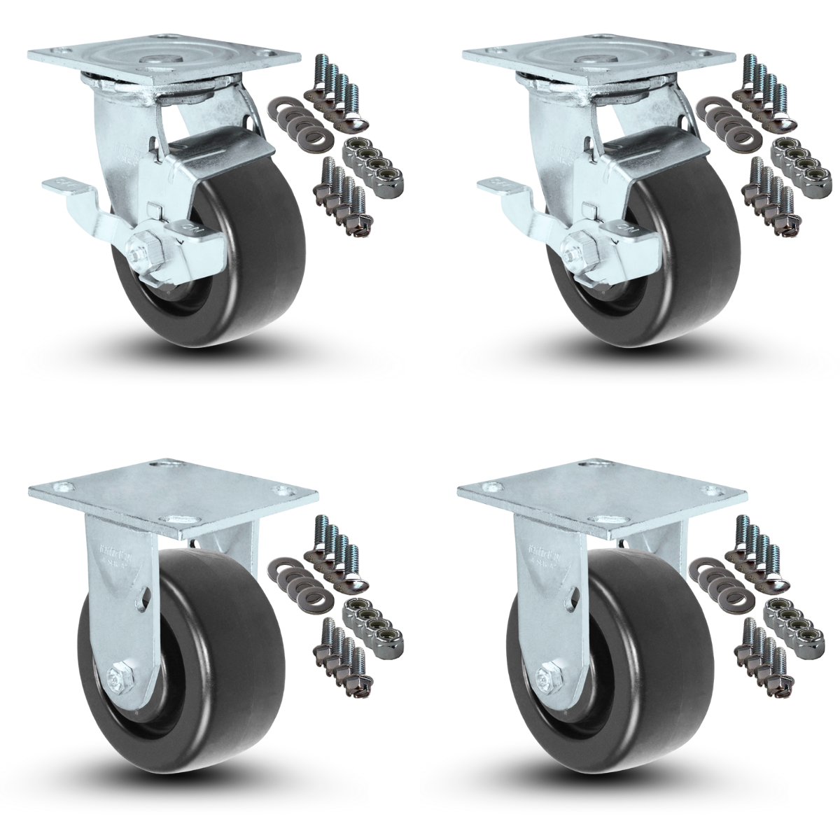 4-Piece Caster Set with Mounting Hardware - 4" x 2" Polyolefin Wheels, 2,000 lbs Total Capacity