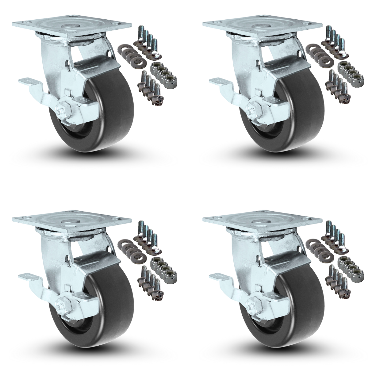 4-Piece Swivel Caster Set with Brakes and Mounting Hardware - 5" x 2" Polyolefin Wheels, 2,600 lbs Total Capacity