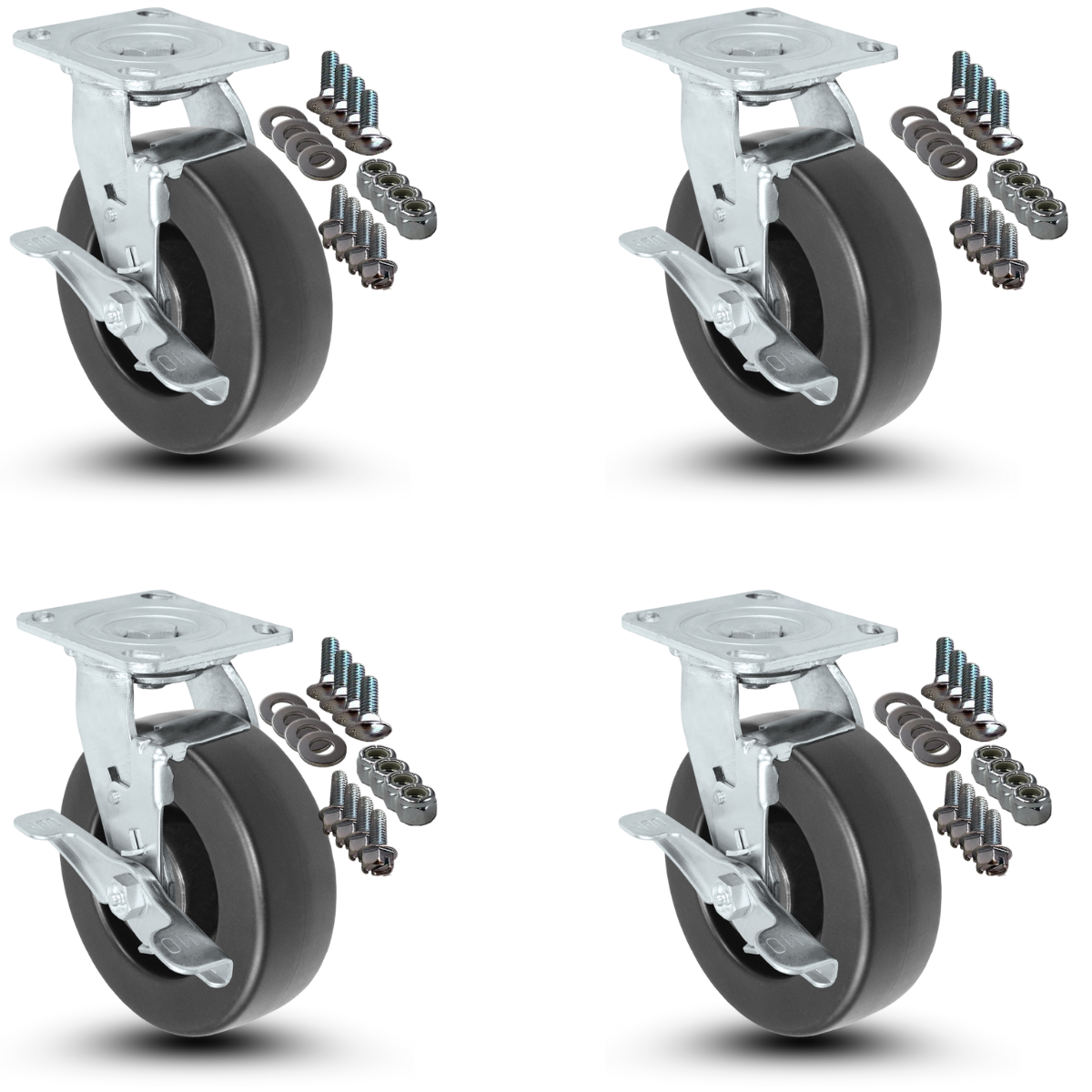 4-Piece Caster Set | 4 Swivel with Brakes with Mounting Hardware - 6" x 2" Polyolefin Wheels, 2,800 lbs Total Capacity