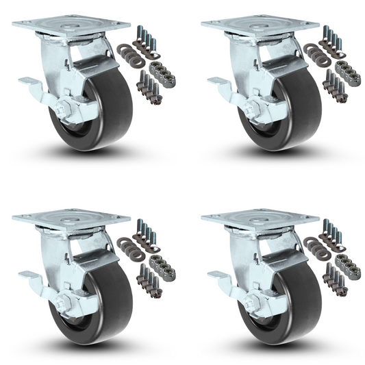 4-Piece Swivel Caster Set with Brakes and Mounting Hardware - 4" x 2" Polyolefin Wheels, 2,000 lbs Total Capacity