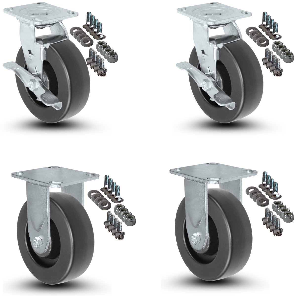 4-Piece Caster Set | 2 Swivel with Brakes 2 Fixed and Mounting Hardware - 6" x 2" Polyolefin Wheels, 2,800 lbs Total Capacity