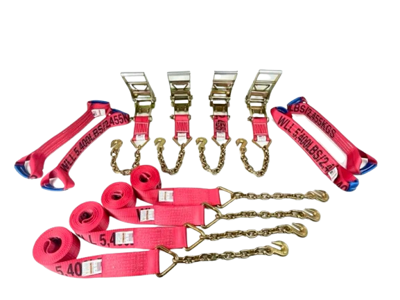 3" 8-Point Flatbed/Rollback Kit with 4 Ratchets, 4 Dogbones, 4 Straps - 5,400 lbs WLL, Chain & Grab Hooks