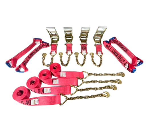 3" 8-Point Flatbed/Rollback Kit with 4 Ratchets, 4 Dogbones, 4 Straps - 5,400 lbs WLL, Chain & Grab Hooks