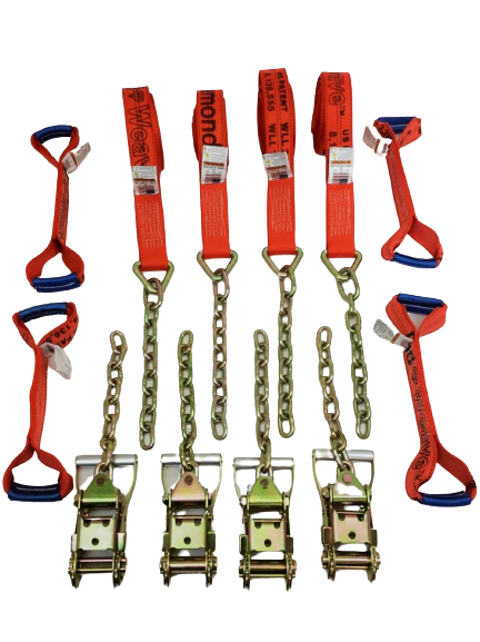 2" x 18' Diamond Weave Tow Straps Kit with Ratchets, Chains & Dog Bones for Rollback/Flatbed Trucks