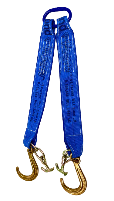 Towing V Bridle 4 inch x 24 inch with 8 inch J Hook and TJ Hook - Diamond Weave, 5,400 lbs WLL, Blue, Made in USA