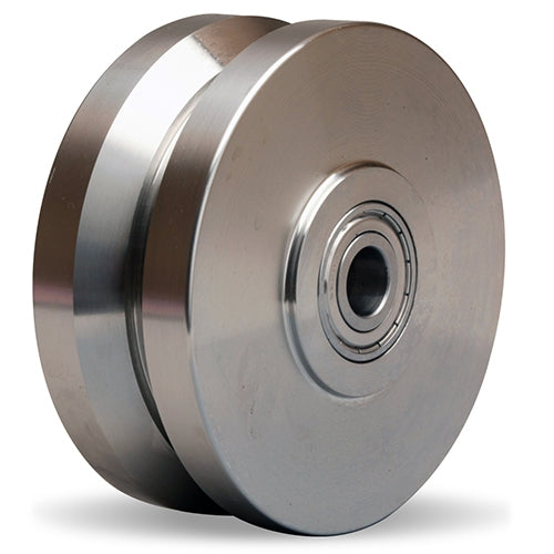 High-Performance 950lb Load Capacity Stainless Steel V-Groove Wheel 5" Diameter x 2" Face x 2 1/2" Hub Length - Precision Ball Bearing