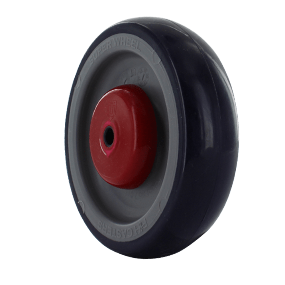 5 Inch Blue on Gray Soft Rubber Shopping Cart Wheel with 5/16 Inch Quad X Friction Bearings and Flat Spot Resistant Material