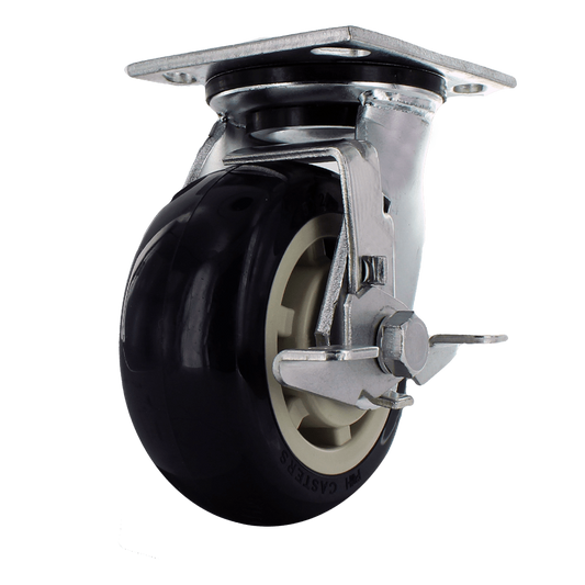 5" x 2" Heavy Duty Swivel Caster with Zinc Plated Steel Yoke, 4" x 4.5" Plate, TPU Blue Polyurethane Wheel