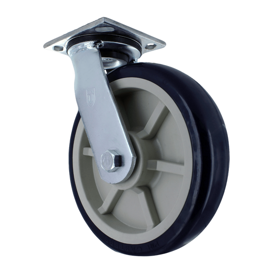 P&H Casters Heavy Duty 8" x 2" Swivel Caster with Zinc Plated Steel Yoke, 4" x 4.5" Plate, TPU A98 Crown Tread Blue on Tan Wheel