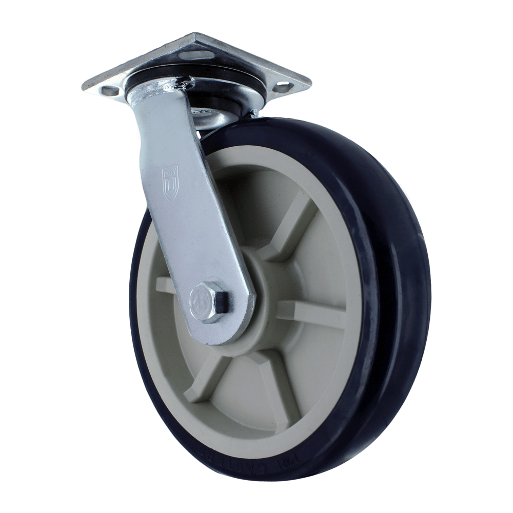 P&H Casters Heavy Duty 8" x 2" Swivel Caster with Zinc Plated Steel Yoke, 4" x 4.5" Plate, TPU A98 Crown Tread Blue on Tan Wheel