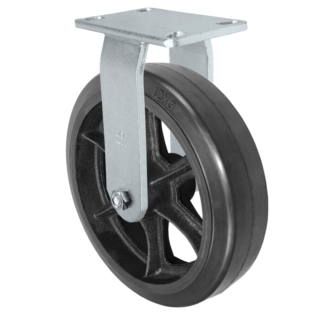 Rigid caster, 12" x 3" rubber on steel wheel, Plate 4-1/2 x 6-1/4" (photo from a matching CasterHQ rigid)