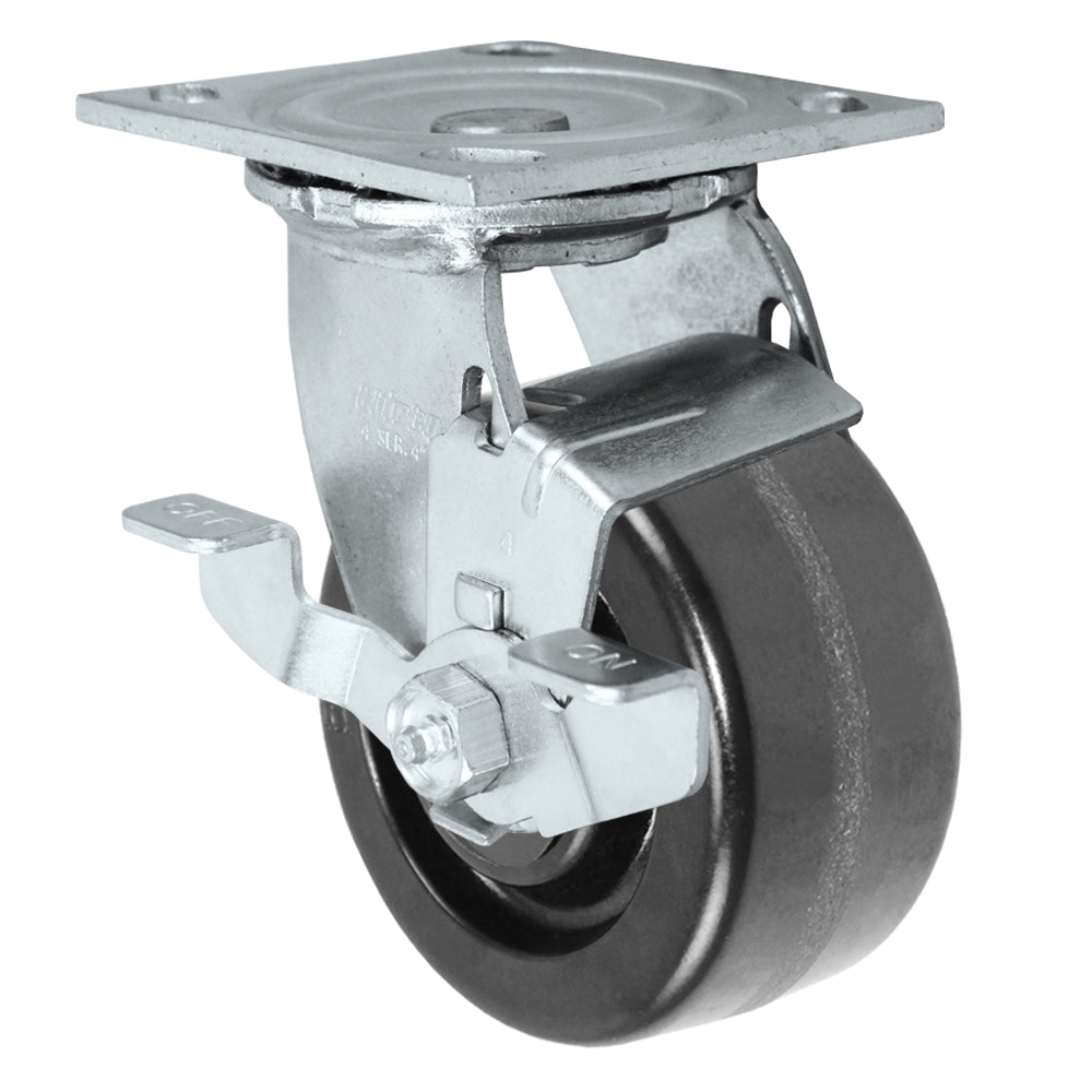 Side brake caster, 4 in. phenolic wheel (34 Series zinc-plated shown)