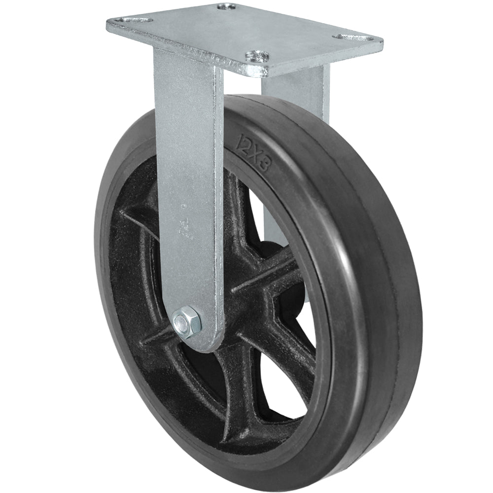 Rigid caster, 12" x 3" rubber on steel wheel, Plate 5-1/4 x 7-1/4" (photo from a matching CasterHQ rigid)