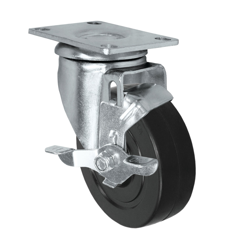 Swivel + side brake caster, 4" x 1-1/4" hard rubber wheel, Plate 2-3/8 x 3-5/8"