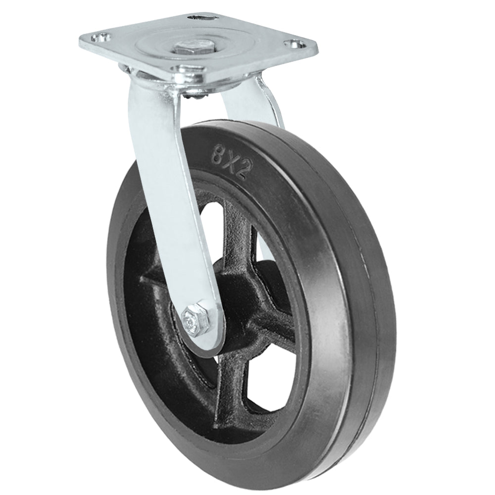 Swivel caster, 8" x 2" rubber on steel wheel, Plate 4 x 4-1/2"