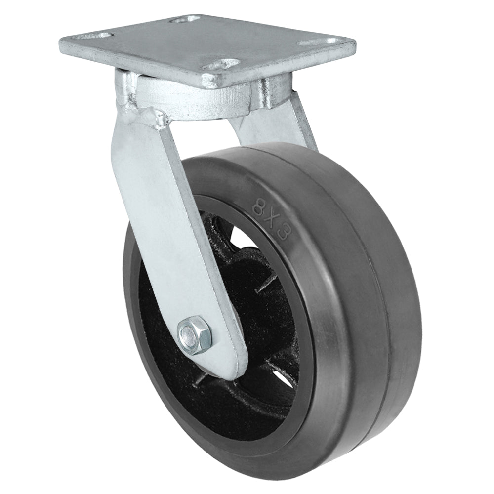 Swivel caster, 8" x 3" rubber on steel wheel, Plate 4-1/2 x 6-1/4"