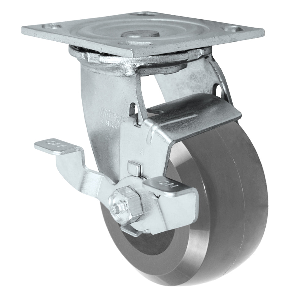 Side brake caster, 4 in. hd solid polyurethane wheel (34 Series zinc-plated shown)