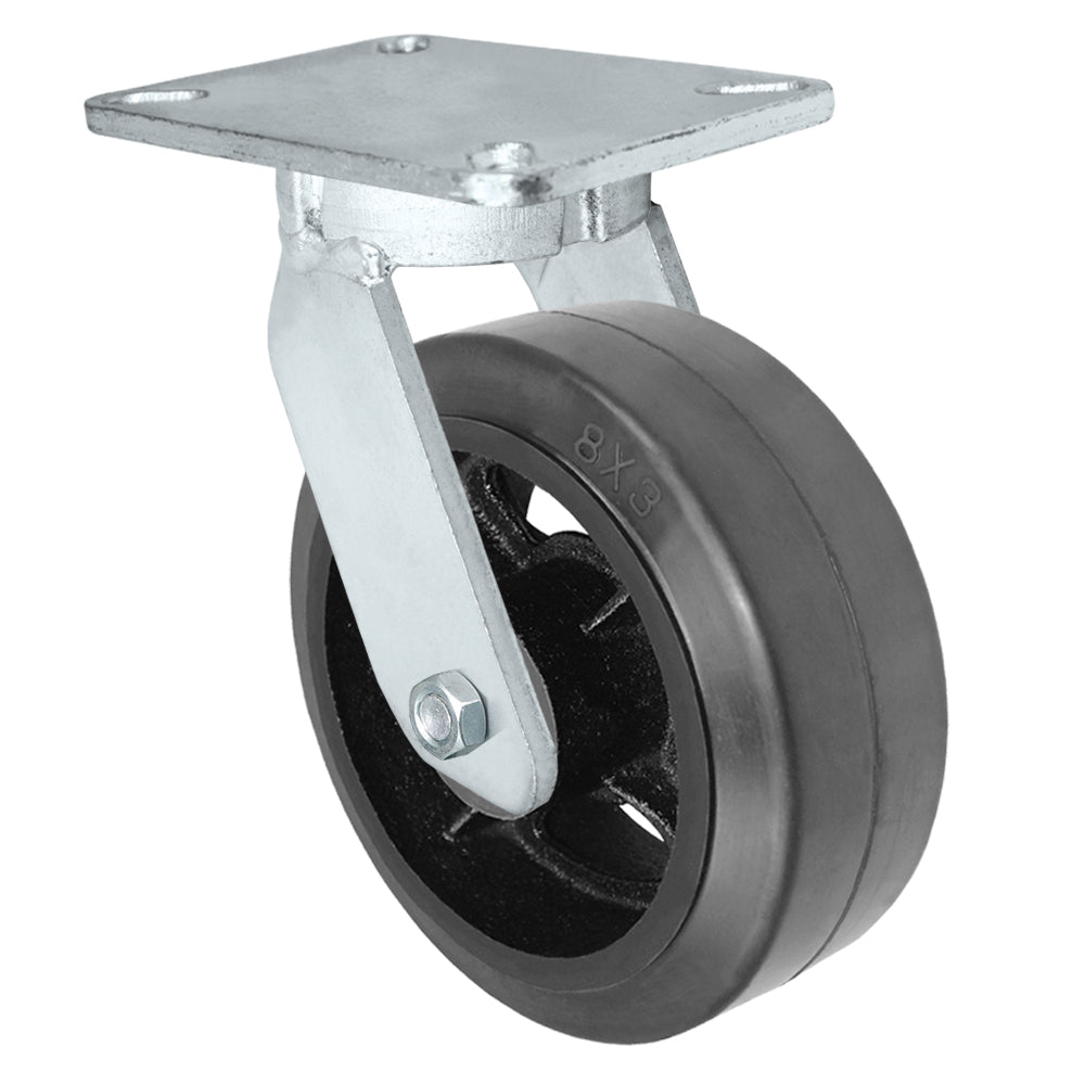 Swivel caster, 8" x 3" rubber on steel wheel, Plate 5-1/4 x 7-1/4"