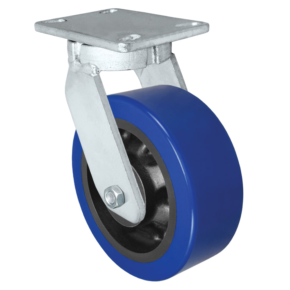 Swivel caster, 8" x 3" polyurethane on nylon wheel, Plate 4-1/2 x 6-1/4"