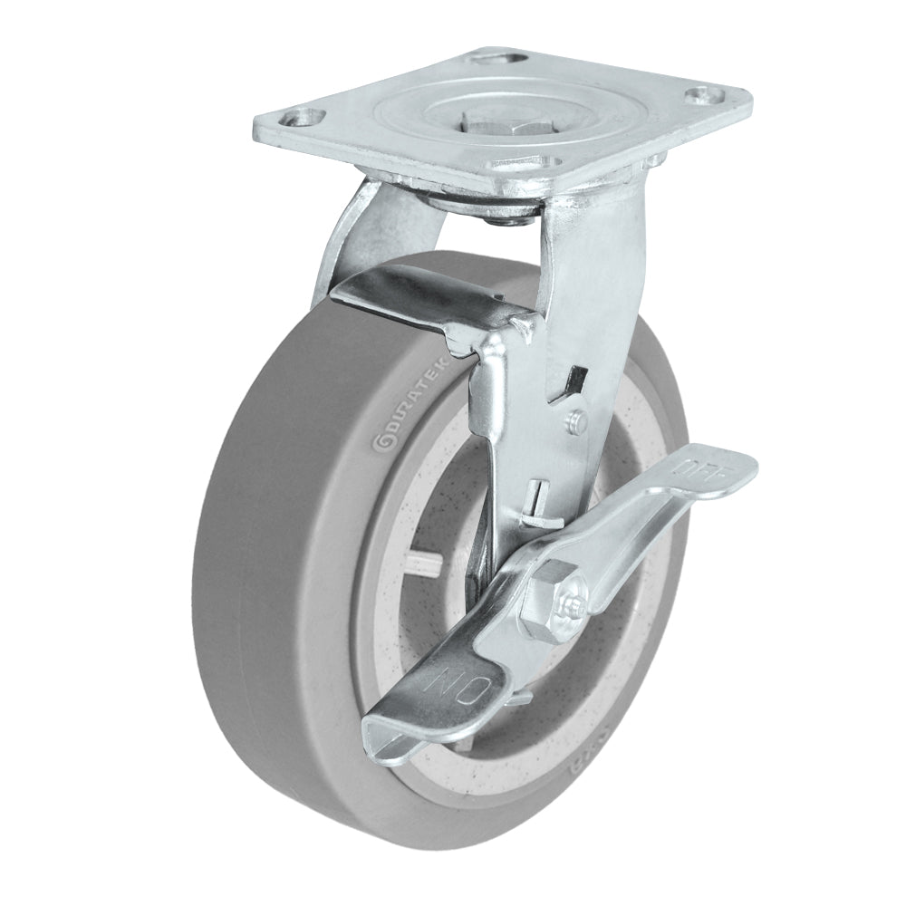 Swivel + side brake caster, 6" x 2" duratek rubber wheel, Plate 4 x 4-1/2"