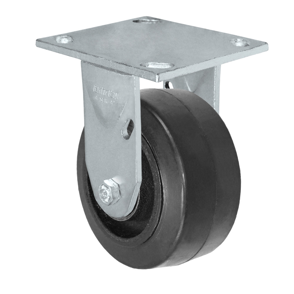 Rigid caster, 4" x 2" rubber on steel wheel, Plate 4 x 4-1/2" (photo from a matching CasterHQ rigid)