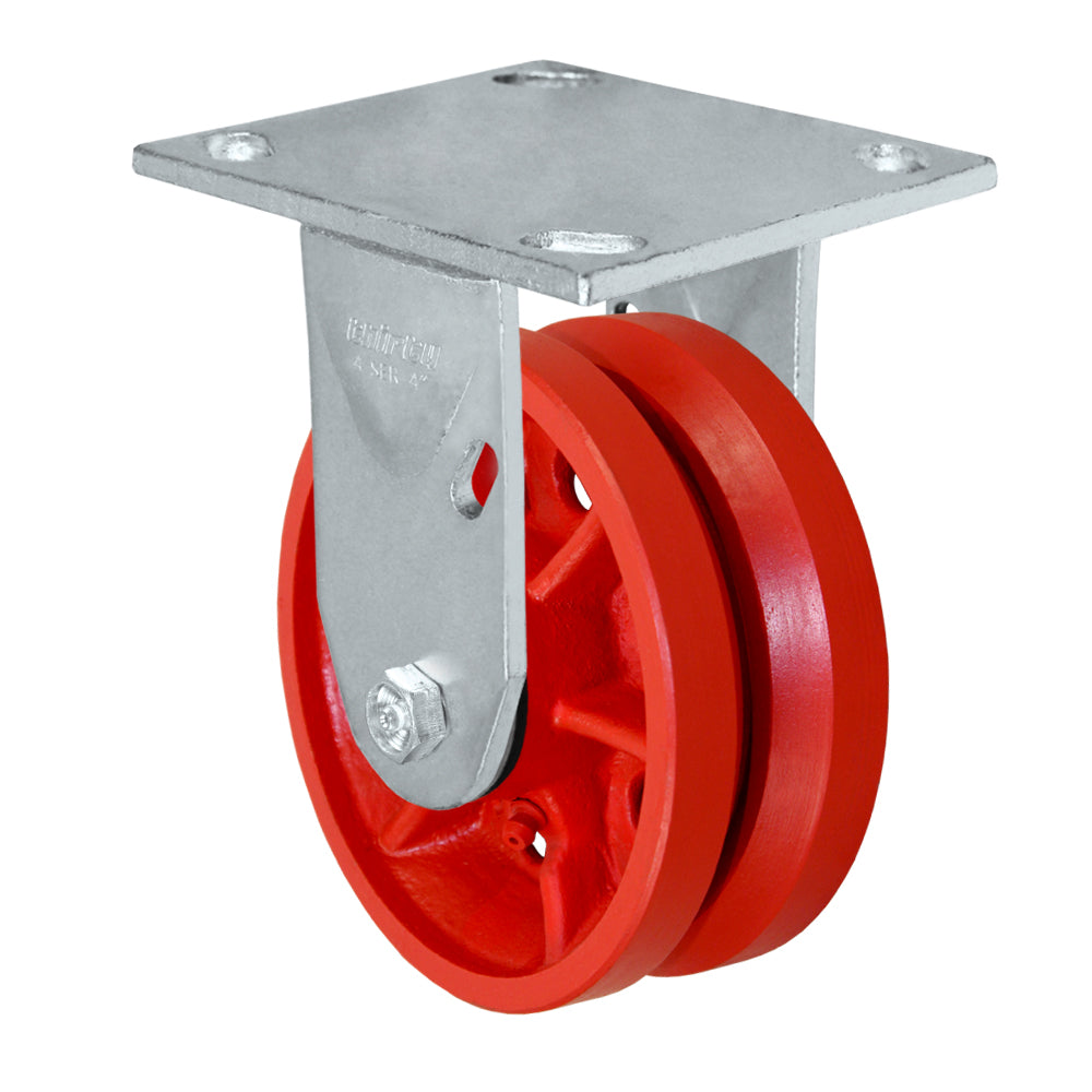 Rigid caster, 4" x 2" double v-groove wheel, Plate 4 x 4-1/2"