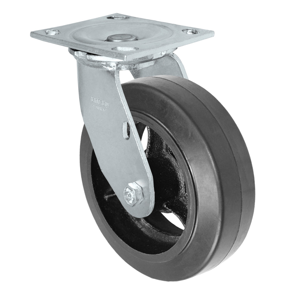 Swivel caster, 6" x 2" rubber on steel wheel, Plate 4 x 4-1/2"