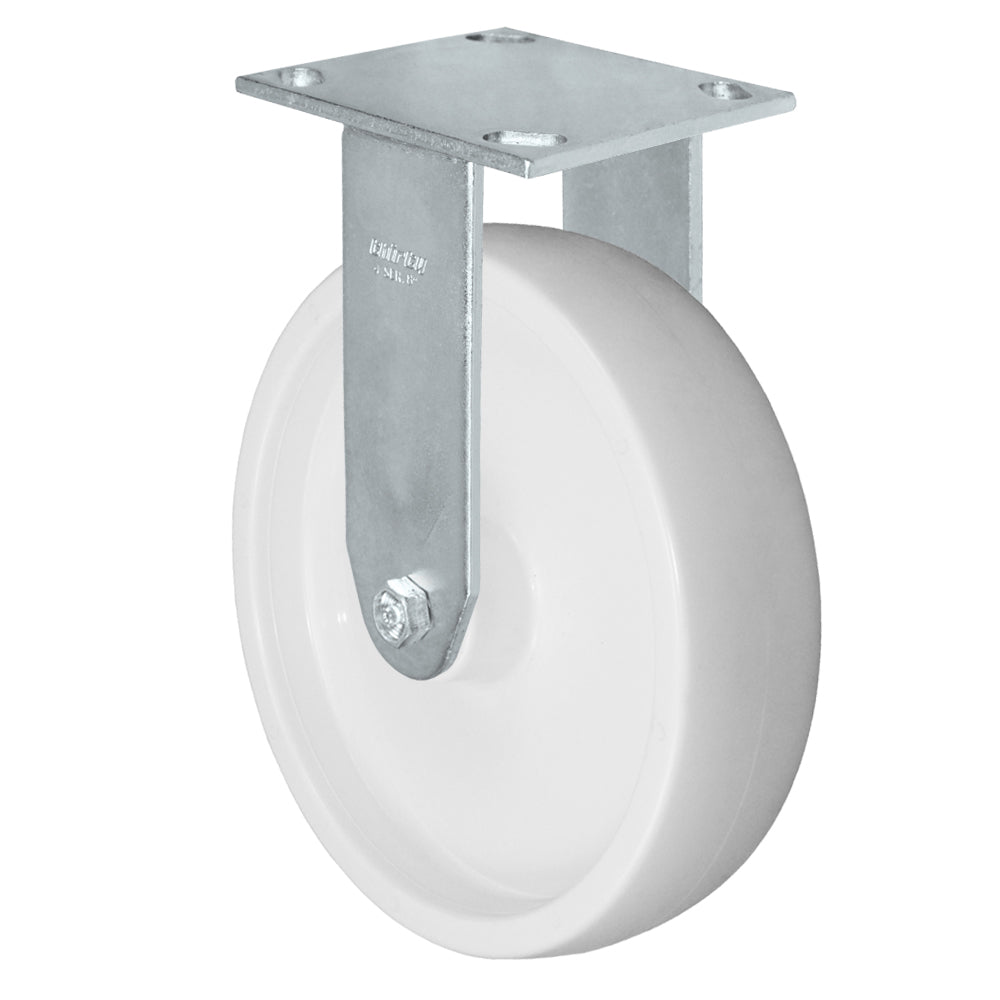 Rigid caster, 8" x 2" polyolefin wheel, Plate 4 x 4-1/2" (photo from a matching CasterHQ rigid)