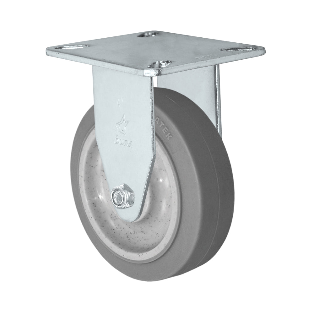 Rigid caster, 4" x 1-1/4" duratek rubber wheel, Plate 3-1/8 x 4-1/8"