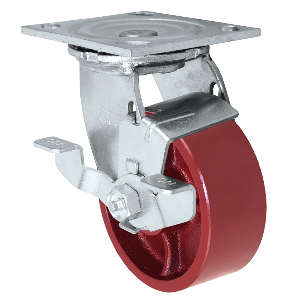 Swivel + side brake caster, 4" x 2" ductile steel wheel, Plate 4 x 4-1/2"
