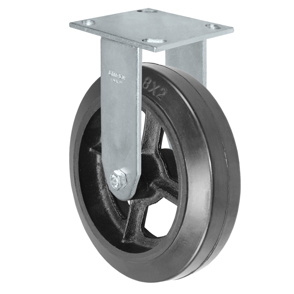 Rigid caster, 8" x 2" rubber on steel wheel, Plate 4 x 4-1/2"