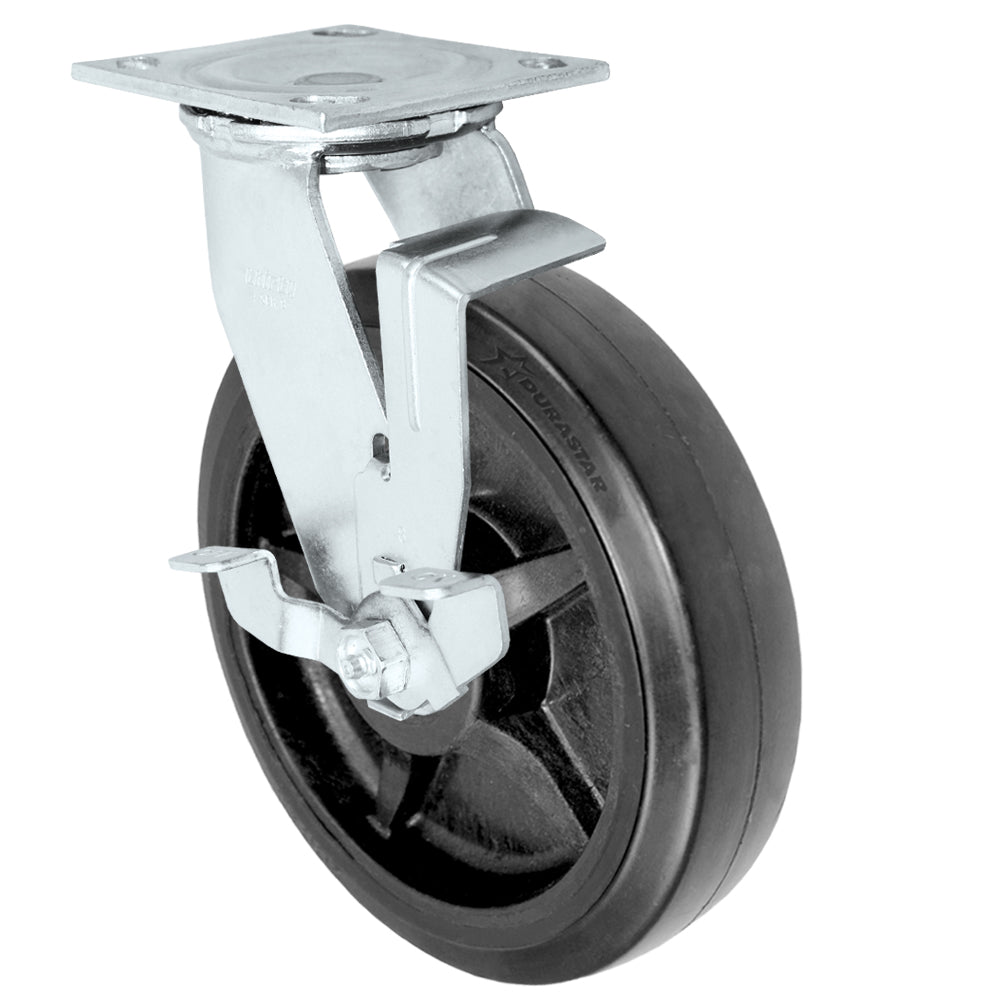 Side brake caster, 8 in. rubber on nylon wheel (34 Series zinc-plated shown)