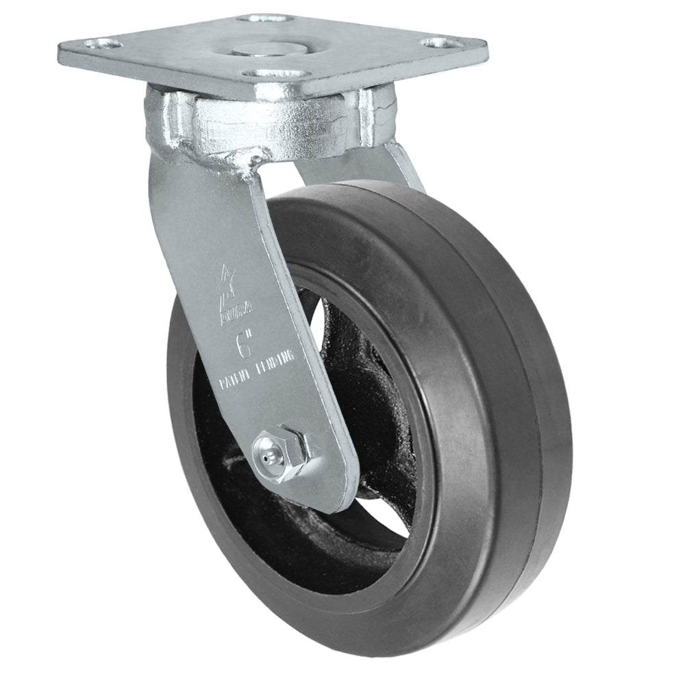 Swivel caster, 6" x 2" rubber on steel wheel, Plate 4 x 4-1/2"