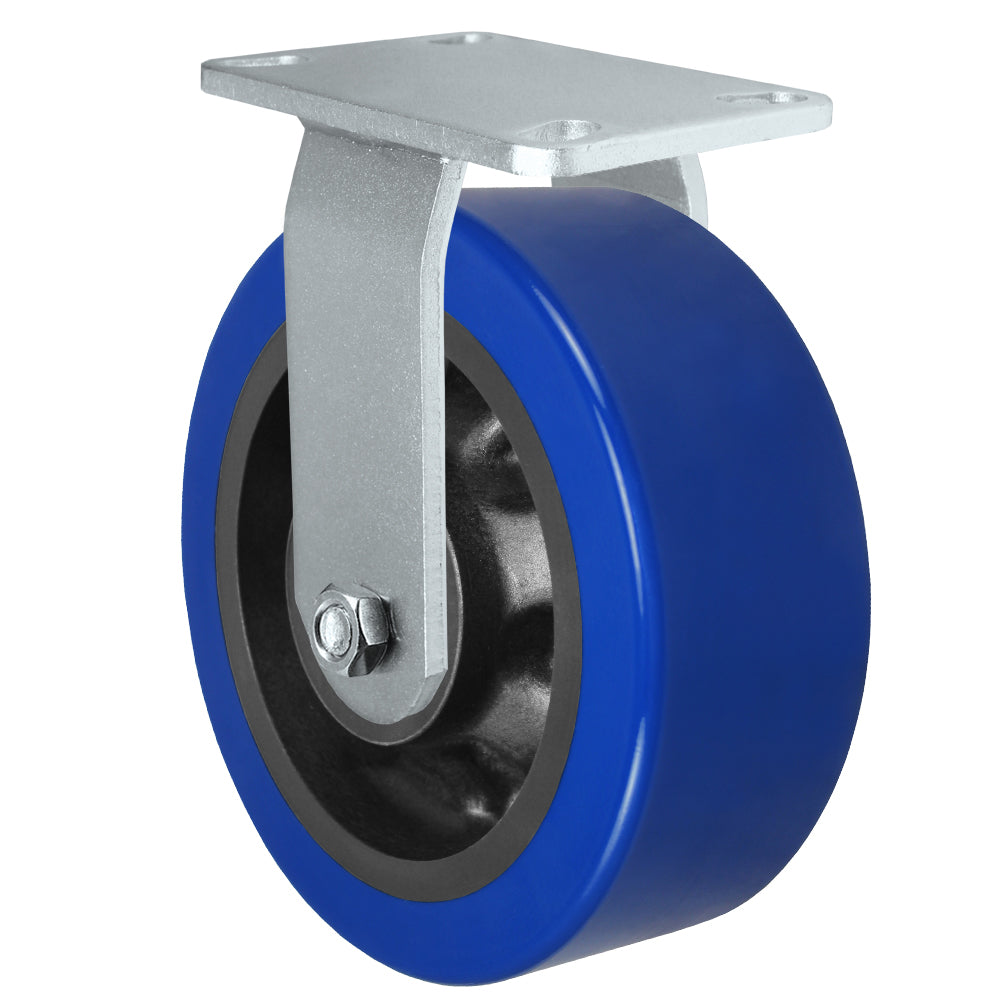 Rigid caster, 8" x 3" polyurethane on nylon wheel, Plate 4-1/2 x 6-1/4" (photo from a matching CasterHQ rigid)