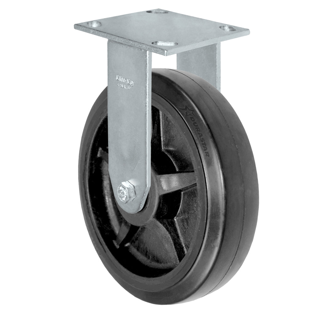 Rigid caster, 8" x 2" rubber on nylon wheel, Plate 4 x 4-1/2"